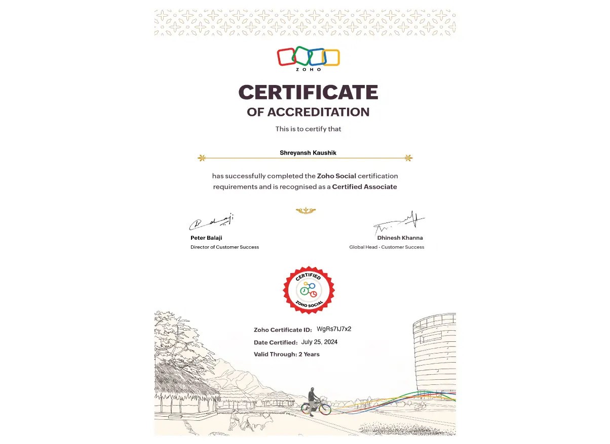 Kaushik - Zoho Social Developer Certification - Recognized as Certified Associate