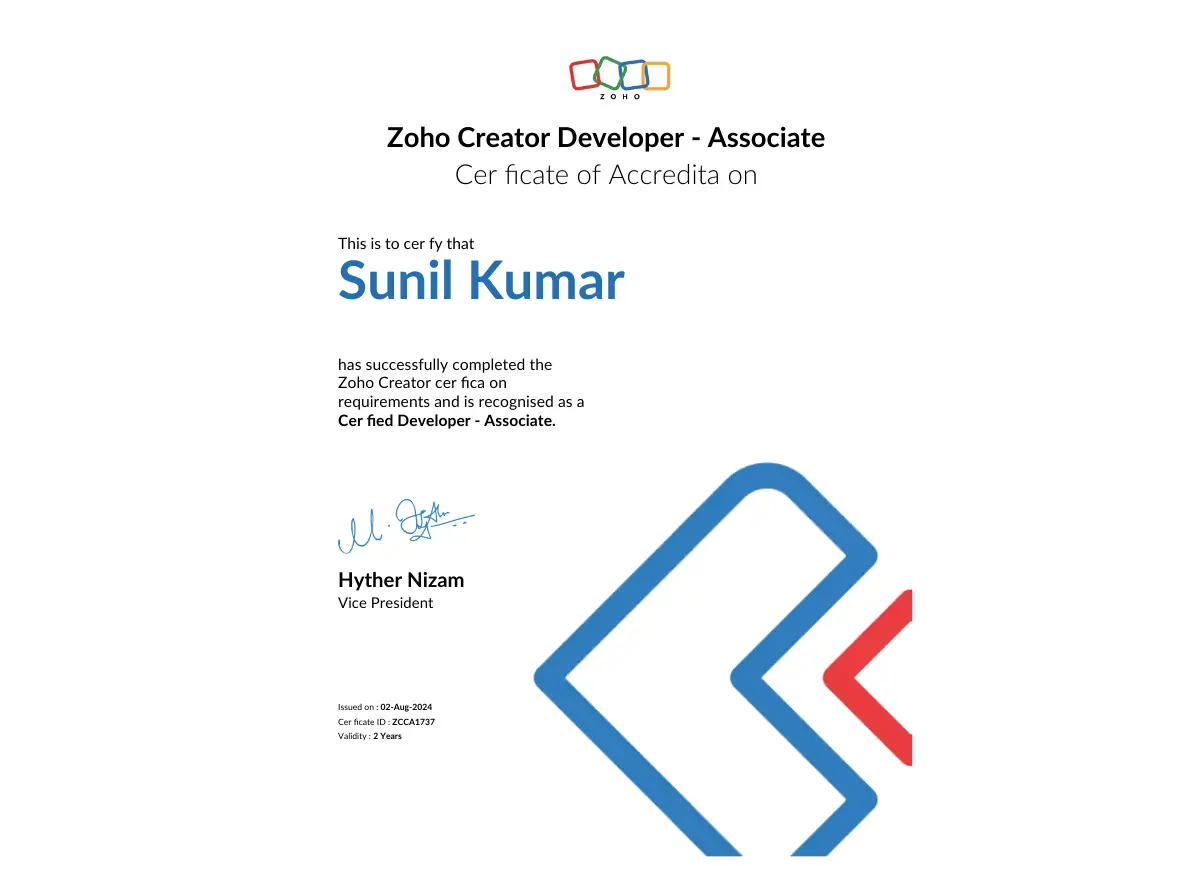 Zoho Creator Developer Certification - Recognized as Certified Developer Associate