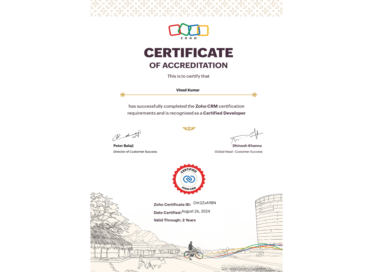 Vinod Kumar - Zoho CRM Certification - Recognized Certified Developer