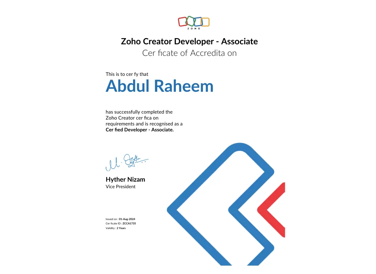 Abdul - Zoho Creator Developer Certification - Recognized as Certified Developer Associate