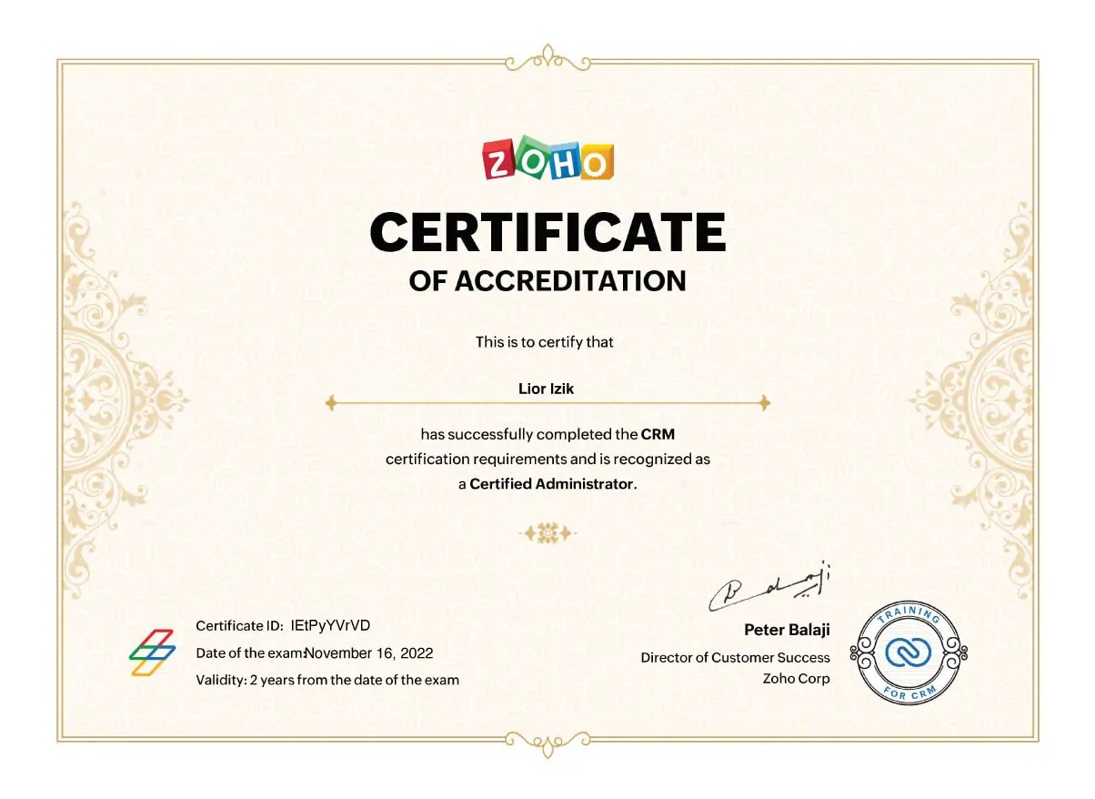 Lior Izik - Zoho CRM Certification - Recognized as Certified Administrator