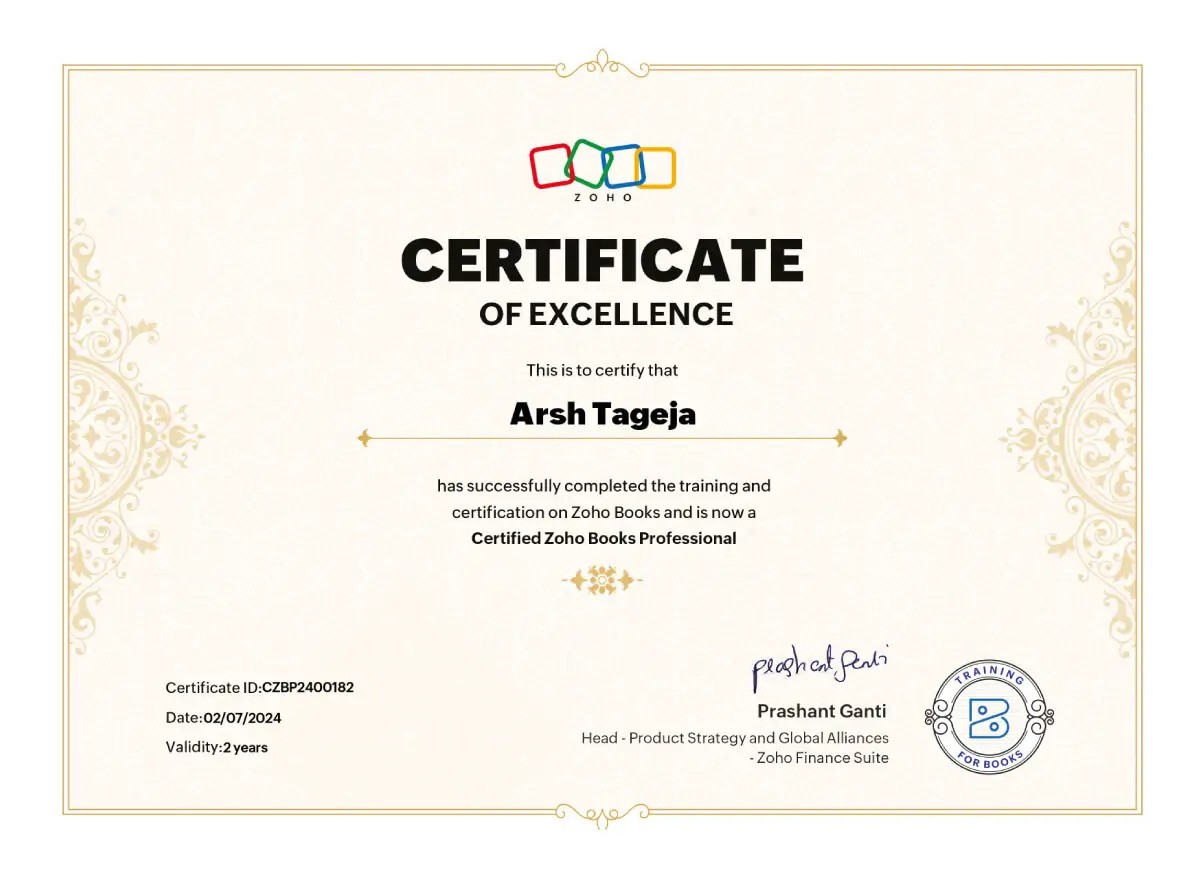 Zoho Books Certification - Recognized as Certified Zoho Books Professional