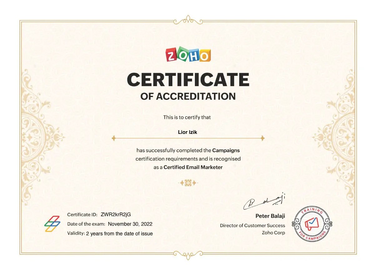 Lior Izik - Zoho Campaign Certification - Recognized as Certified Email Marketer