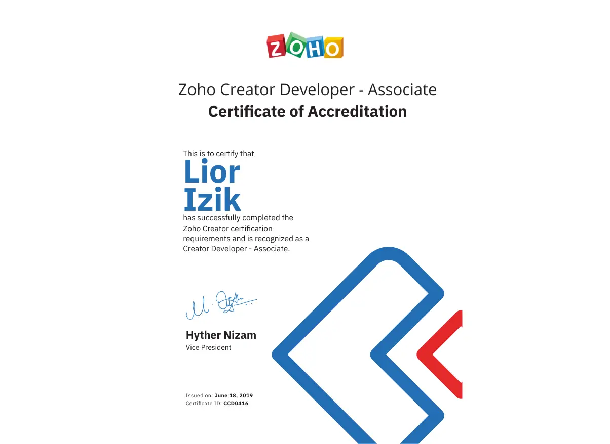 Lior Izik - Zoho Creator Developer Certification - Recognized as Creator Developer Associate