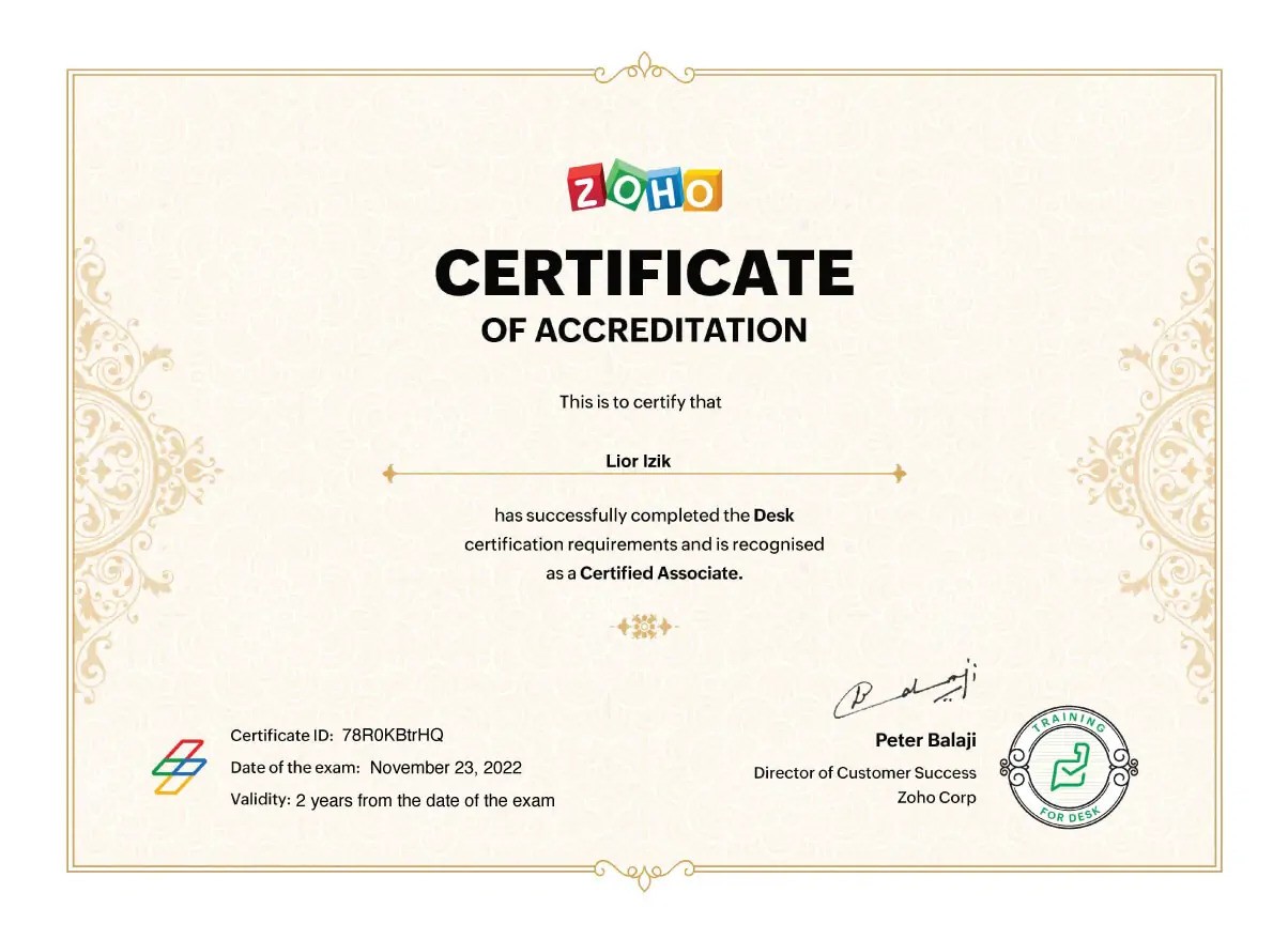 Lior Izik - Zoho Desk Certification - Recognized as Certified Associate