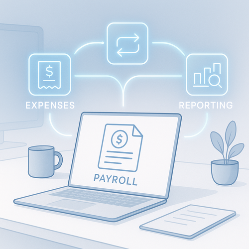 Zoho Payroll dashboard illustration showing a unified, automated payroll solution for small and mid-size businesses