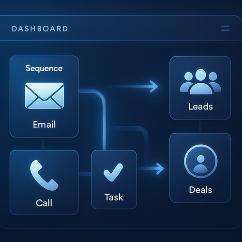 CRM cadences and lead nurturing dashboard with email, call, task, leads, and deals icons