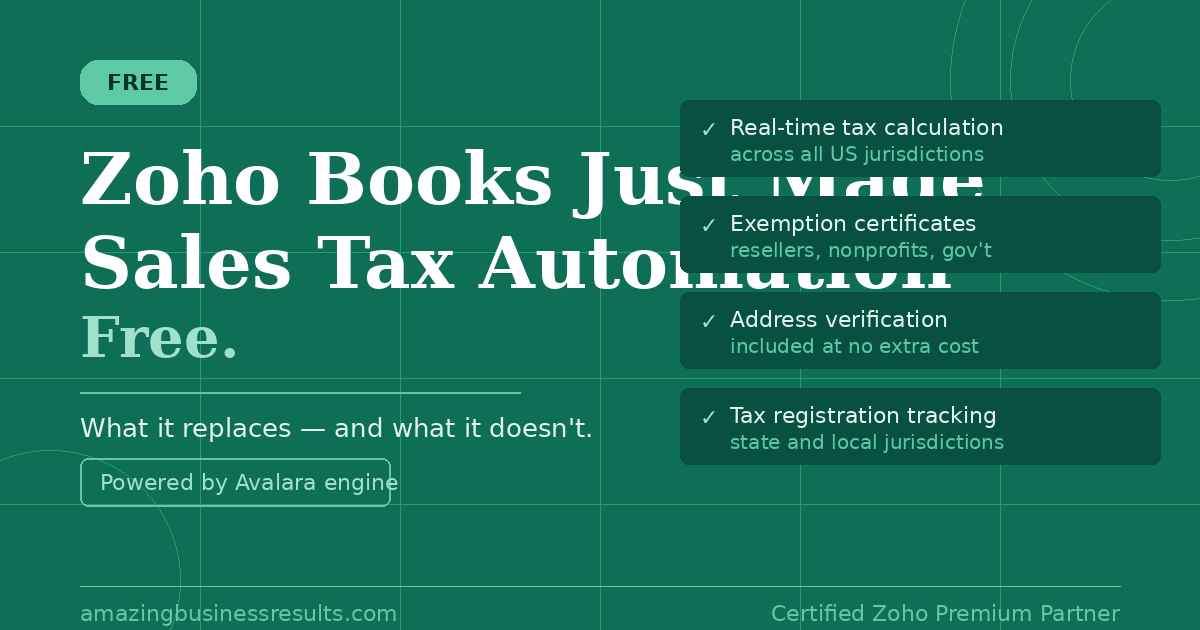 Zoho Books Sales Tax Automation — free feature powered by Avalara for all paid Zoho Books plans